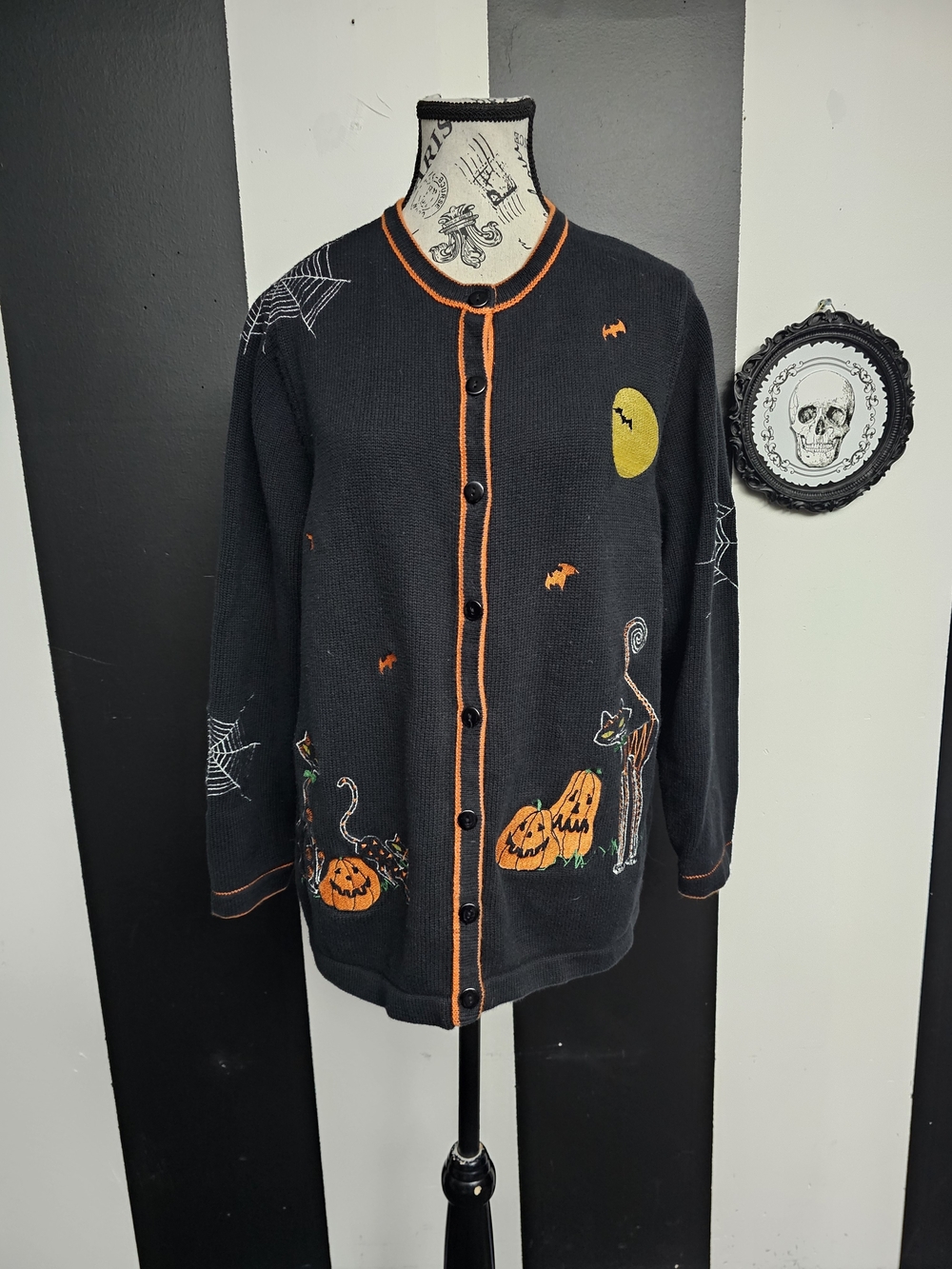 Women's Black Halloween Cardigan with Orange Trim